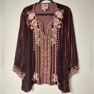 Johnny Was Valmere Burgundy Floral Embroidered Silk Blend Velvet Tunic Top